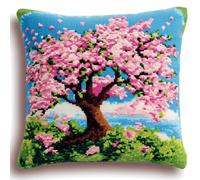 ASONGLINGO DIY Latch Hook Pillow Kits for Adults Pillowcase with Preprinted Throw Pillow Crochet Yarns Knitted Latch Hooking Cushion 17x17inch(Pink Flower Tree)