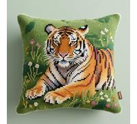 ASONGLINGO Latch Hook Kits Pillow Cover DIY Cushion Cross Stitch Crochet Hook Pillowcase Making Kits Preprinted Pattern Canvas Cushion Latch Hook Supplies 43x43cm(Animal Tiger -a238)