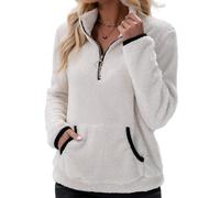 Asoodiy Fleece Sweatshirt Women Fluffy Pullover Tops Ladies Zip Up Long Sleeve Cozy Tops White S