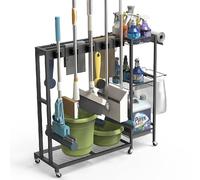 aSparkLiving Cleaning Tool Supplies Organizer Cart, Broom Closet Storage with 3 Layer Large Metal Shelves, Janitorial Housekeeping for Kitchen Laundry Room Garage Yard Organization