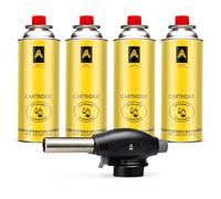 Aspect Blow Torch with 4 Gas Bottles, Adjustable Flame Burner for Desserts, Creme Brulee, Welding, Auto Ignition Gas Torch for Cooking, Catering, BBQ,Camping & Fire Starter (Head + 4 Gas)
