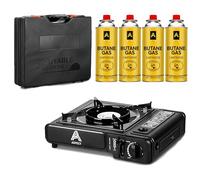 Aspect Camping Stove Portable With 4 Butane Gas Camp Kitchen Equipment Single Burner Outdoor/Indoor - Camping Stove with Automatic Ignition & Heat Control - Cooking Grill, Picnics, BBQ - Black