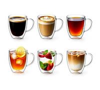 Aspect Double Walled Glass Coffee Cups Set of 6 x 250ml with Handles, Borosilicate Insulated Latte Mugs, Heat Resistant Espresso Cappuccino Tea Cups for Hot & Cold Drinks