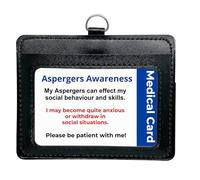 Aspergers Disability Awareness Card, in a Quality Black PU Leather Holder with Lanyard for Best displaying Your Card with Rear Pocket Medical Card or Contact Details.