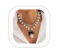 Asphinien Elegant Pearl Choker Necklaces Chunky Gold Chain with Baroque Teardrop Pendant 2 Pieces Black Silk Bow Necklace Dainty Bridal Women's Accessories, One Size, Metal Faux Pearl, No Gemstone
