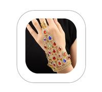 Asphinien Vintage Gemstone Crystal Slave Bracelet with Finger Ring Adjustable Open Cuff Bracelet Sparkling Disc Tassel Harness Bracelet Bohemian Ruby Teardrop Belly Dance Hand Jewelry, One Size, alloy