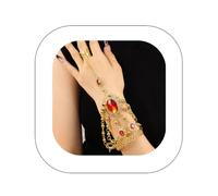 Asphinien Vintage Gemstone Crystal Slave Bracelet with Finger Ring Adjustable Open Cuff Bracelet Sparkling Disc Tassel Harness Bracelet Bohemian Ruby Teardrop Belly Dance Hand Jewelry, One Size, alloy
