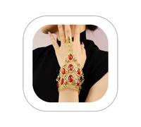 Asphinien Vintage Gemstone Crystal Slave Bracelet with Finger Ring Adjustable Open Cuff Bracelet Sparkling Disc Tassel Harness Bracelet Bohemian Ruby Teardrop Belly Dance Hand Jewelry, One Size, alloy