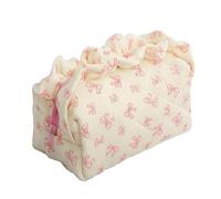 Aspire Cotton Makeup Bag with Bow, Soft Fabric Cosmetic Pouch, Cute Floral Toiletry Bag-Beige