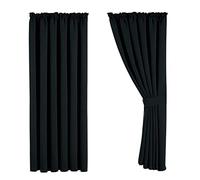 Aspire Homeware Pair of Thermal Blackout Tape Top Curtains, Interwoven Lined Sunlight Blocking Curtains + 2 Tie Backs Black 66x90
