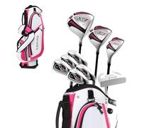 Aspire X1 Ladies Womens Complete Right Handed Golf Clubs Set Includes Titanium Driver, S.S. Fairway, S.S. Hybrid, S.S. 6-PW Irons, Putter, Stand Bag, 3 H/C's Cherry Pink