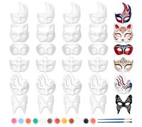 AspireBloom 30 Pack Blank Paper Mache Masks to Decorate, White Paintable DIY Masquerade Masks with 12 Colours Acrylic Paint & 2 Brushes for Kids, Halloween, Carnival, Craft Activities & Party Favours