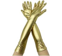 AspireBloom Women Opera Long Gloves Faux PU Leather Shiny Wet Look Costume Party Arm Warmer Stretchy Shirred Elbow Gloves Cosplay Wedding Evening Dress (50cm Gold, M)