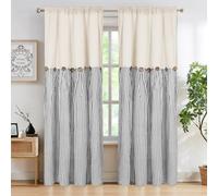 ASPMIZ Boho Rustic Button Curtains, Linen Window Curtain Panels, Grey Striped Country Curtains for Bedroom, Back Tab Modern Drapes for Windows, 52 x 84 Inch, 2 Panels