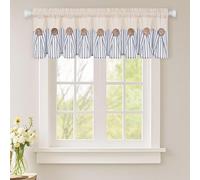 ASPMIZ Cotton Linen Kitchen Curtains Valance, Boho Rustic Button Valances for Windows Farmhouse Style, Blue Stripe Window Valances for Bathroom Cafe, Tie Up Valance for Kitchen Windows, 60 x 14 Inch