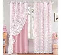ASPMIZ Pink Blackout Curtains for Bedroom 63 inch Long, Double Layer Curtains with Lace Overlay, Light Blocking Grommet Drapes for Girls Living Room Thermal Insulated Window Curtain Set of 2, 52x63