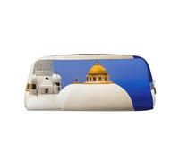 ASPOIJHN Santorini Greek Island Sea View Versatile Leather Pencil Case Stylish Storage Pouch for School Office Stationery Cosmetic Bag Coins Organizer