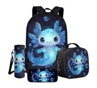 ASQVTIFE 4 in 1 Blue Axolotl Shool Backpack Set for Girls Toddler,Cute Axolotl Bookbag for Primary Middle Student Children Shoolbag with Insulated Lunchbox Pencil Case Water Bottle Sleeve