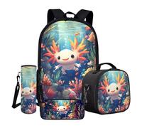 ASQVTIFE 4 Piece Kawaii Axolotl Backpack Set for Kids Girls,Cute Axolotl Bookbag with Insulated Lunchbox and Pencil Case Water Bottle Cover Kindergarten Elementary School Rucksack