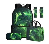 ASQVTIFE Animal Wolf School Backpack for Kids Boys Bookbag with Insulated Lunchbox Set Green Wolf School Bags for Boys 7-10 10-14 Kindergarten Elementary 17 Inch Rucksack for Travel Casual