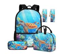 ASQVTIFE Boys School Bag Sets Animal for Teen Boys Girls 4 Piece Ocean Turtle Backpack with Insulated Lunchbox and Pencil Case Bookmark Turtle Large Capacity Daypack for 8-12 Years Old