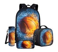ASQVTIFE Fire Basketball School Backpack for Kids Boys 4 in 1 Cool Basketball Bookbag Insulated Lunchbox Pencil Case Water Bottle Sleeve for School Little Boys Ages 6-8 8-12 Casual Rucksack