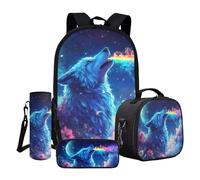 ASQVTIFE Kids Backpack Set Animal Wolf Schoolbag and Lunch Bag with Pencil Case Set 4 in 1 Wolf Print Backpack for Teen Boys Kindergarten Elementary School Camping Travel Daypack