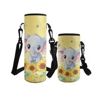 ASQVTIFE Water Bottle Carrier Bag Insulated Neoprene Bottle Holder Kids Adult Adjustable Shoulder Strap for Stainless Steel Plastic Bottles for Hiking School Walking with Cute Elephant Sunflower L