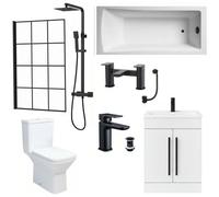ASRA Bathroom Suite 1600mm Bath Package Grid Screen, Toilet, White Vanity & Black Tap Bundle