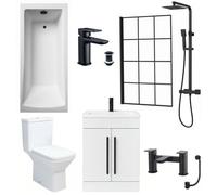 ASRA Bathroom Suite 1700mm Bath With Black Shower Screen, Toilet, White Vanity & Black Tap Bundle