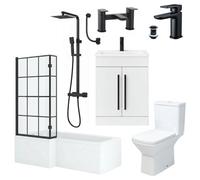 ASRA Complete Bathroom Suite Black Lh L-Shape Bath, Screen, White Vanity & Shower Toilet 1700mm