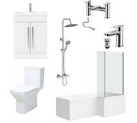 ASRA Complete Bathroom Suite Chrome 1700mm Rh L-Shape Bath, Screen, White Vanity & Shower Toilet