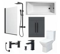ASRA Complete Bathroom Suite With 1600mm Bath, Matt Black Shower Screen, Grey Vanity, Toilet & Black Tap Set