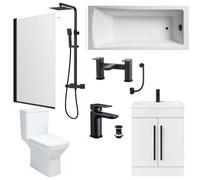 ASRA Complete Bathroom Suite With 1600mm Bath, Matt Black Shower Screen, Toilet, White Vanity Unit & Black Tap Set