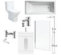 ASRA Full Bathroom Suite Featuring 1600mm Bath, Chrome Straight Screen, White Vanity Unit, Toilet & Matching Taps