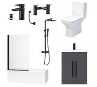 ASRA Modern Bathroom Suite 1700mm Bath With Screen Grey 600mm Vanity Basin Square Toilet & Taps