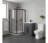 ASRA Quadrant Shower Enclosure Suite 900mm Black With 600mm Grey Vanity Unit & Toilet