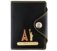 Asraw Premium Personalized Unisex Faux Leather Passport Cover - Magnetic Button Lock Passport Holder Cover Wallet, Black, Eiffel & Liberty