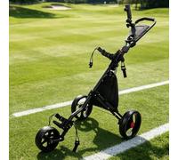 AsrMyjcx Foldable 3 Wheel Golf Trolley Push Cart With Aluminum Frame Brake And Bag Holder suitable for golf practice range use driving range portable storage, Black Frame Blue Wheels