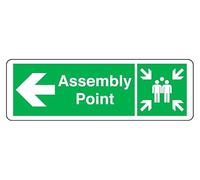 Assembly Point arrow left - safety sign - 1.2mm Rigid plastic for indoor/outdoor usage (600mm x 200mm) Viewing Distance within 14m.