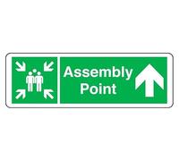 Assembly Point arrow up - safety sign - 1.2mm Rigid plastic for indoor/outdoor usage (600mm x 200mm) Viewing Distance within 14m.
