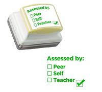 Assessed by: Peer/Self/Teacher - Teacher Stamp. Self-Inking Stamp for Marking. 26x31mm, Reinkable, Green Ink