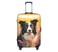 ASSORT Border Collie Florals Print Travel Elastic Suitcase Cover Protector, Anti-Scratch Washable Luggage Cover, Multi-Size, White, L