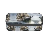 ASSORT Old Pirate Ship In The Sea Print Large Pencil Case Bag Stationery Organizer Pouch With Zipper, For Office And College