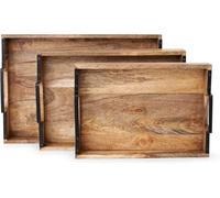 Assorted Collections Wooden Trays with Cast Handles - Premium Quality Decorative Serving Trays for Coffee Table - Wooden Snack Tray Versatile for Meal Service, Home Decor & Entertaining (Set of 3)