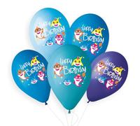 Assorted Colour Happy Birthday Latex Balloons 33cm / 13 in - Pack of 6 (Little Shark Happy Birthday, 33cm / 13 in)