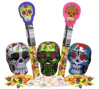 Assorted Day of the Dead Sugar Skull Halloween Candy Bundle - Metal Tin Skulls and Tubes with Hard Candies, 5 Items, Style May Vary