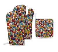 Assorted Jelly Beans Oven Mitts and Pot Holders 3 Pcs Set, High Heat 500°F Resistant Glove Potholder 11.8" Extra Long Cooking Oven Gloves Essential for Kitchen Baking