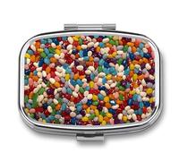 Assorted Jelly Beans Pill Box Square Metal Small Pill Case with 2 Compartment Portable Travel Pill Organizer for Vitamins, Medication, Fish Oil