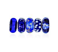 Assorted Mixed Set Of 5 Bundle Translucent Shades Of Black Blue Navy Silver Gold Foil Murano Swirl Charm Bead Spacer For Women Teen .925 Sterling Silver Core Fits European Bracelet